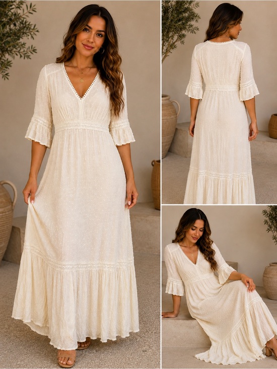 Knox Rose Dresses & Skirts - Knox Rose Cream Boho Maxi Dress with V-Neck and Ruffle Sleeves